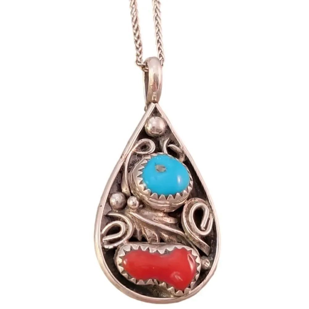 Sterling Navajo Jeff Largo Blue Turquoise Red Coral Tear Drop Pendant Necklace